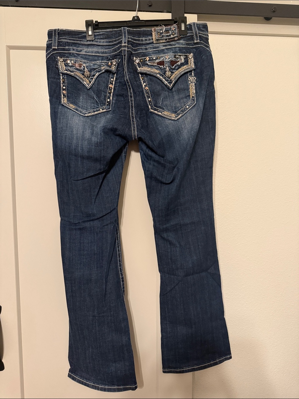 Miss Me Dark Blue Boot Cut Jeans with Embellished Pockets